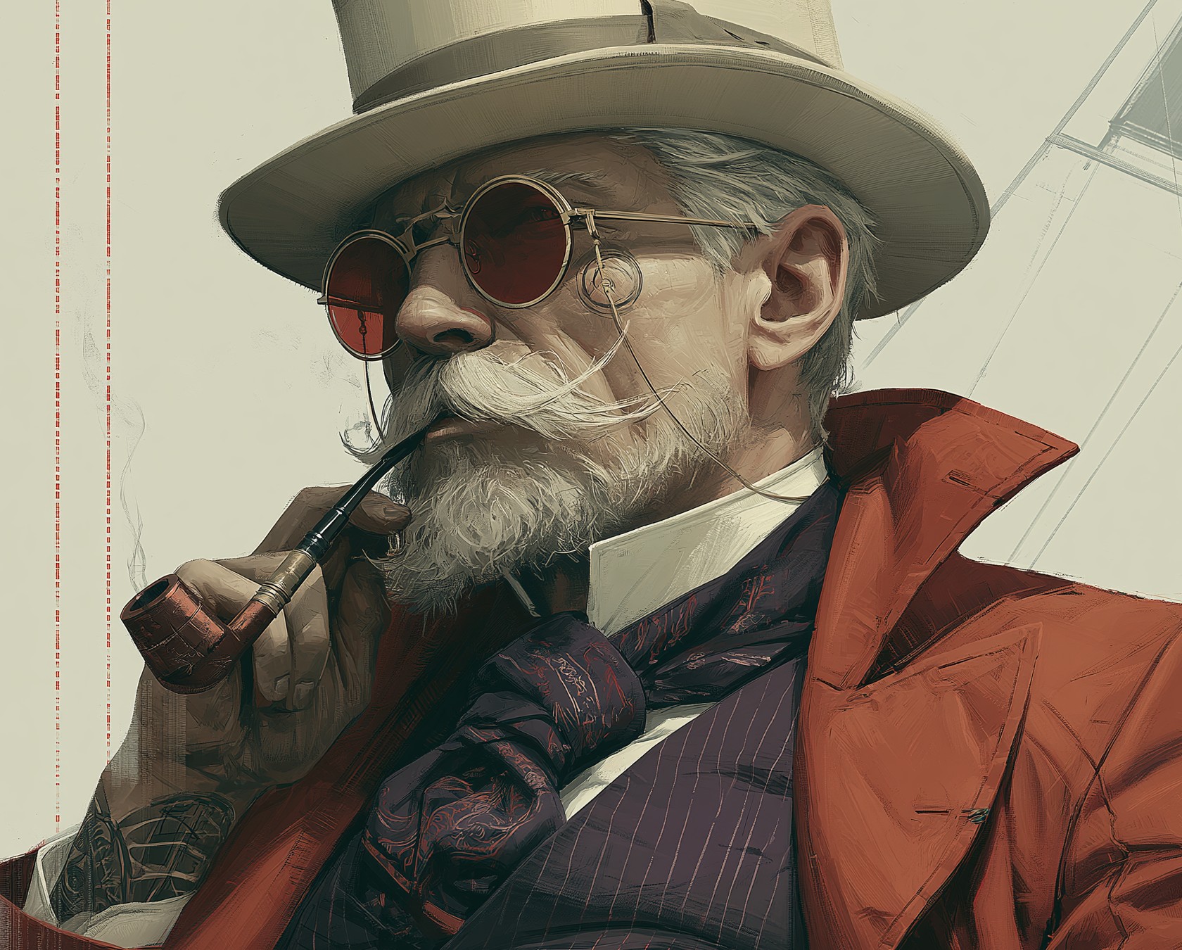 Editorial portrait: a distinguished investor in a top hat and red coat with a pipe, the Brand Capital Works investor figure